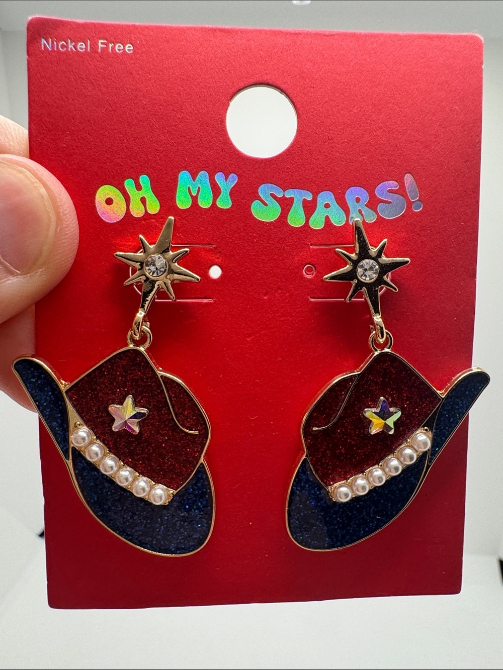 Glitter Enamel Cowgirl Hat & Star Dangle Earrings Rodeo Texas Retro Style